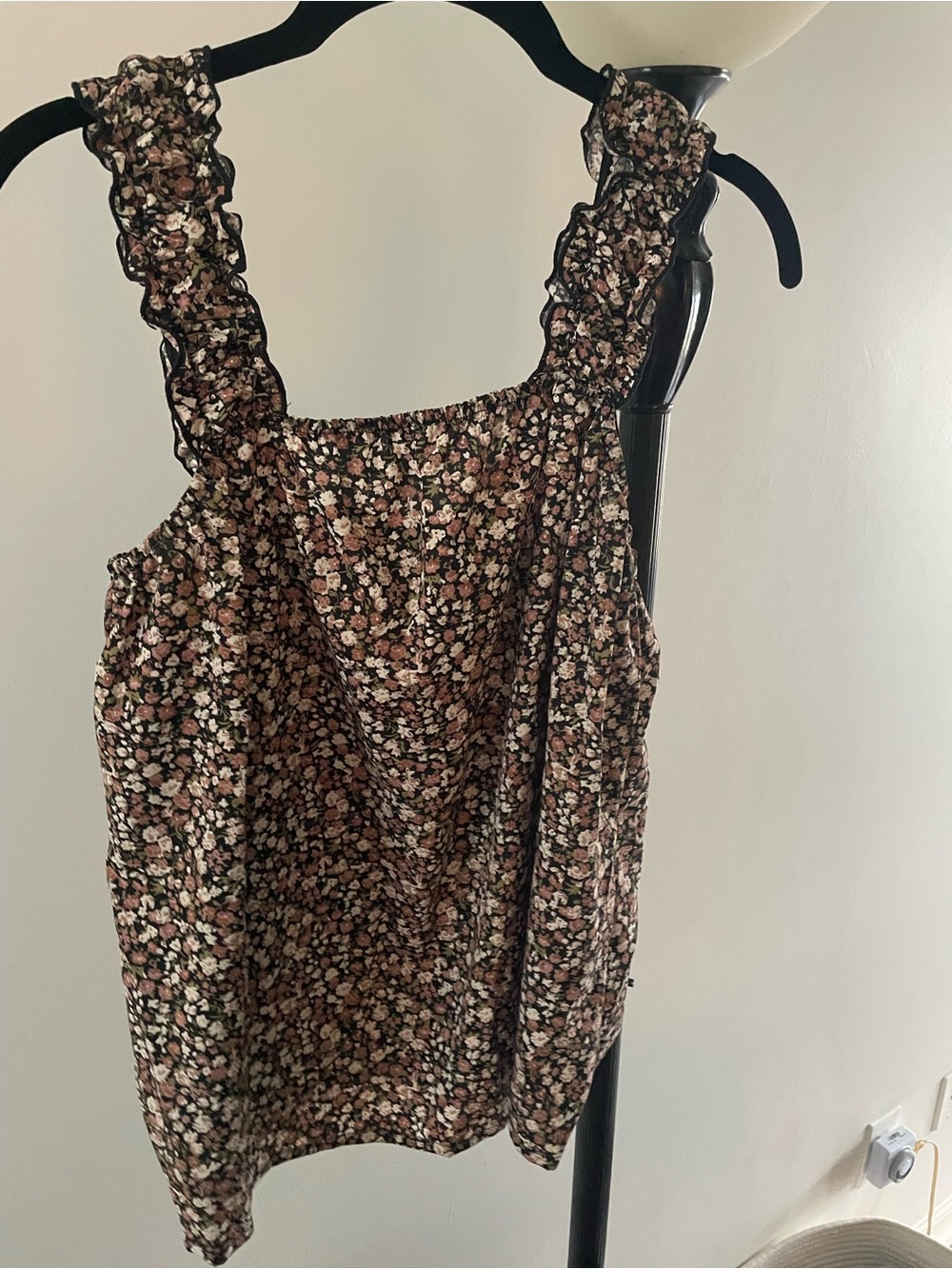 Floral Ruffle-Strap Camisole in Black with Pink Bloom